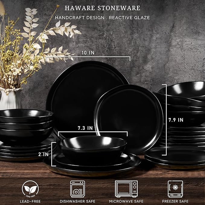 HaWare Dinnerware Sets, 12-Piece Stoneware Plates and Bowls Set, Dish Set for 4, Ceramic Dishware for Home Restaurant, Chip and Scratch Resistant, Microwave and Dishwasher Safe, Matte Black