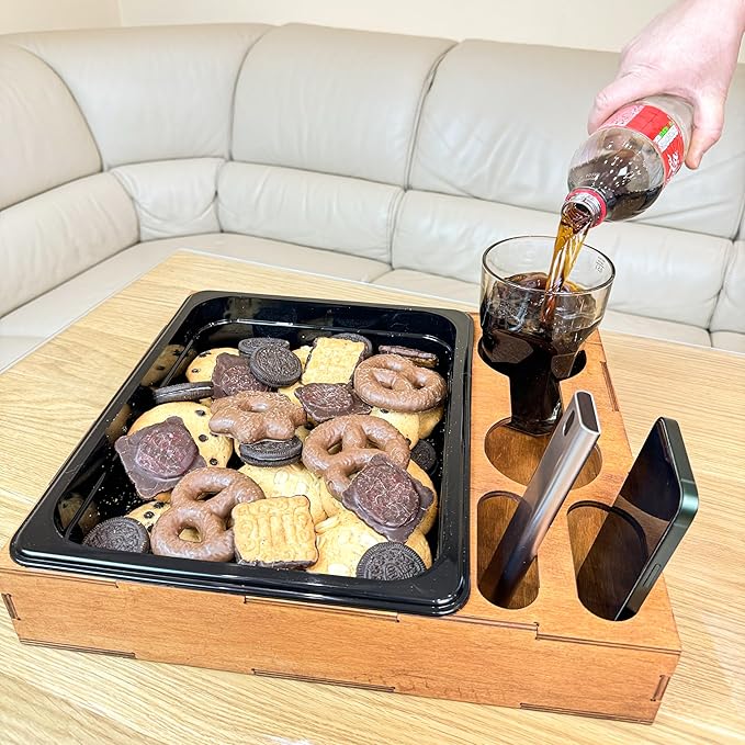 Wooden Serving Tray with Cup Holder - Coffee Table Rustic Cookie Caddy – Drink Tray - Couch Organizer - Ottoman Stand Caddy for Food - Snack Holder for Movie and Game Nights