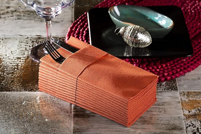 Terracotta Dinner Napkins Cloth Like with Built-in Flatware Pocket, Linen-Feel Absorbent Disposable Paper Hand Napkins for Kitchen, Bathroom, Parties, Weddings or Events, 16x16 inches, Pack of 50