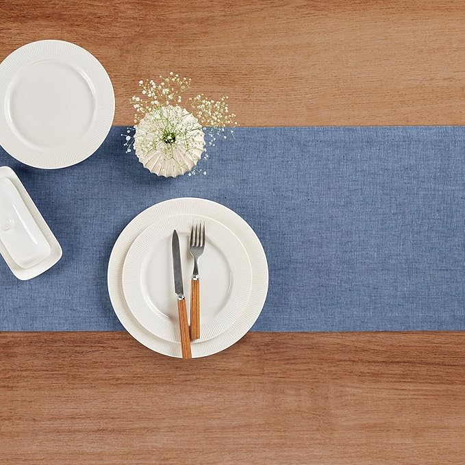 Solino Home Linen Table Runner 132 Inches Long - Athena, 100% Pure Linen Blue Denim Dining Table Runner 14 x 132 Inch for Spring, Easter