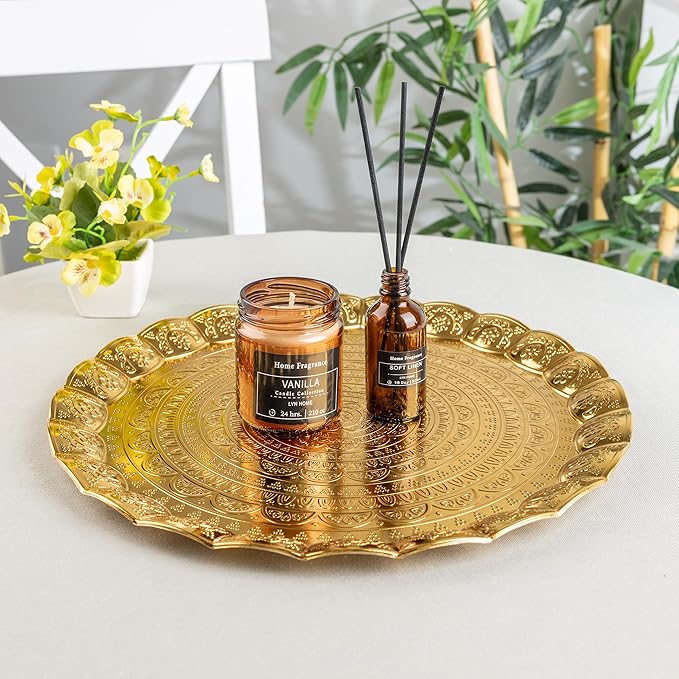 Alisveristime 6-Person Decorative Serving Tray – 13.77 inch Round Metal Plate with Ottoman Pattern Options (Gold)