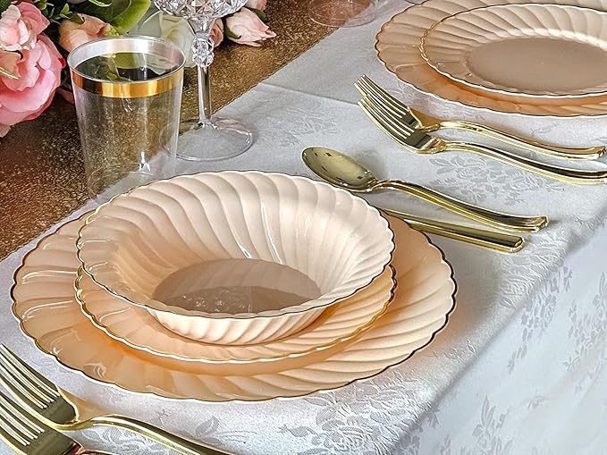 " OCCASIONS " 50 Plates Pack (25 Guests)-Vintage Wedding Party Disposable Plastic Plate Set -25 x 10.25'' Dinner + 25x7.5'' Salad/dessert plates (Blossom Blush Pink & Gold)