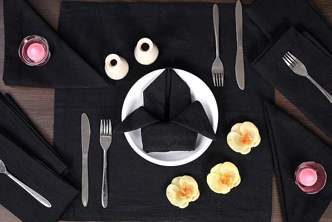 Ramanta Home Black Cotton Dinner Napkins Set of 12, 18x18 Inch 100% Cotton Cloth Napkins, Reusable Fabric Table Napkins for Everyday Dining, Parties, Weddings, Spring & Easter Table Décor Washable