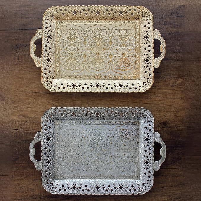 Turkish Vintage Style Entertaining Tray - |15.4” x 10.2”Multi-Purpose, Non-Tarnishing, Zamak Alloy, Decorative Ottoman Style - Rectangular Serving Tray for Coffee & Beverages (Gold)