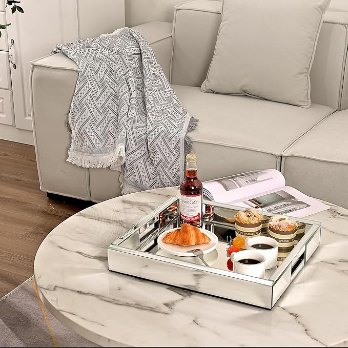 Mirrored Tray Decorative, 16x14x2.4 Silver Tray for Coffee Ottoman Trays for Living Room Perfume Jewelry Tray Bandejas Decorativas Wine Platter Modern Home Decor