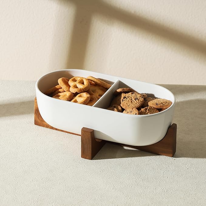 Chip and Dip Serving Bowl with Acacia Wood Base, Ceramic Serving Bowl for Home Decor(2-Compartment Bowl), 10.5 inch Divided Bowl for Snack, Dessert, Fruit, Veggies