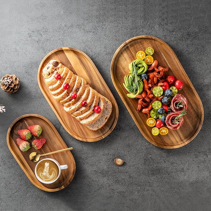 Set of 3 Wooden Tray Serving Platters Acacia Wood Serving Trays Home Decor Cheese Board Cake Plates Serving Dishes for Entertaining Kitchen Charcuterie Platter for Food Dish Dessert Snack Tray