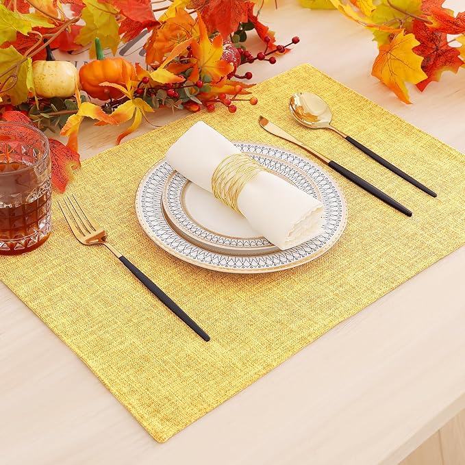 homing Cotton Linen Placemats Set of 8, Cloth Washable Farmhouse Dining Table Mats for Indoors & Outdoors, Easy to Clean, Mustard Yellow, 13 x 19 Inch