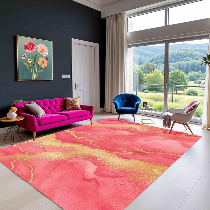 Vibrant Pink Gold Modern Abstract Marble Wavy Texture Home Office Rugs 8x10 for Living Room Bedroom Dining Room Soft Non Slip Large Area Rug Nursery Dorm Kitchen Liquid Aesthetic Art Deco Lux Carpet