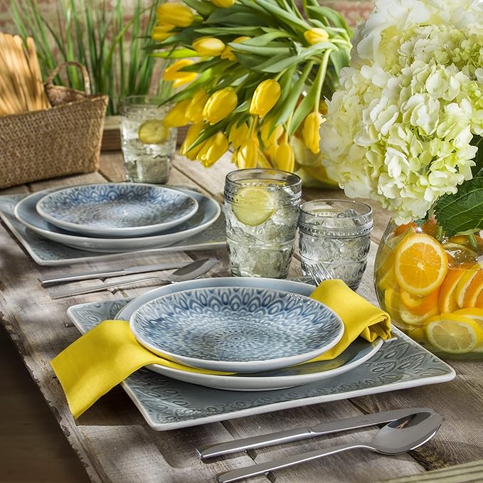 Euro Ceramica Peacock Stoneware 4-Piece 6.5''Square Appetizer Plate Set,Grey (PK-18512GRY)