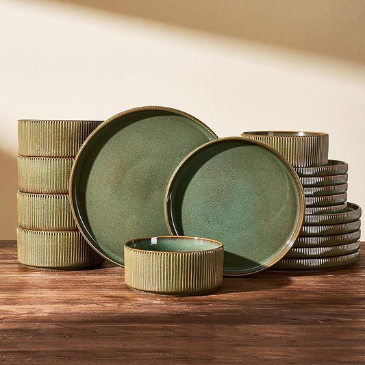 Stoneware Plates and Bowls Dishes Sets Service for 6 (18-Piece), Handcrafted Reactive Glaze Dinnerware Set with Raised Rim, Scratch Resistant, Microwave Dishwasher Safe, Moss