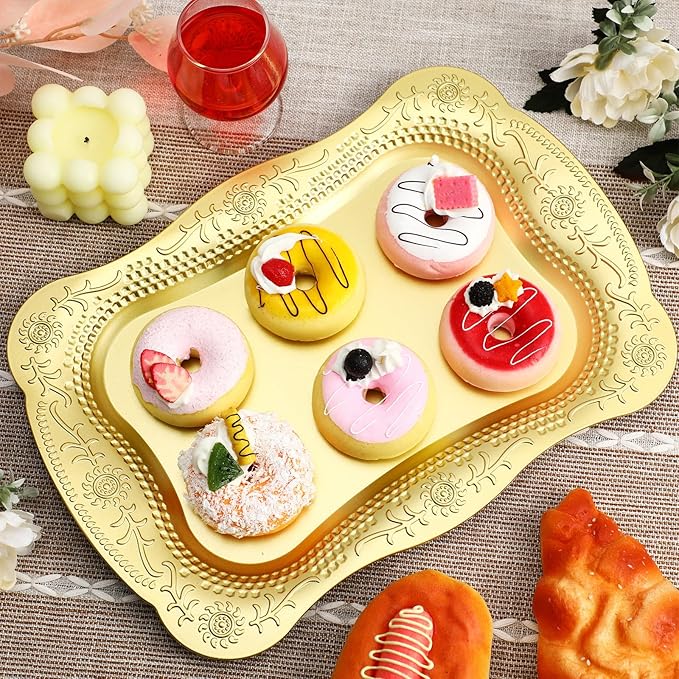 Layhit 10 Pcs Plastic Serving Trays 13" x 9" Rectangle Platters for Dessert Display Tray for Decoration Embossed Serving Platter Dish for Parties, Weddings, Engagements, Birthdays (Gold)