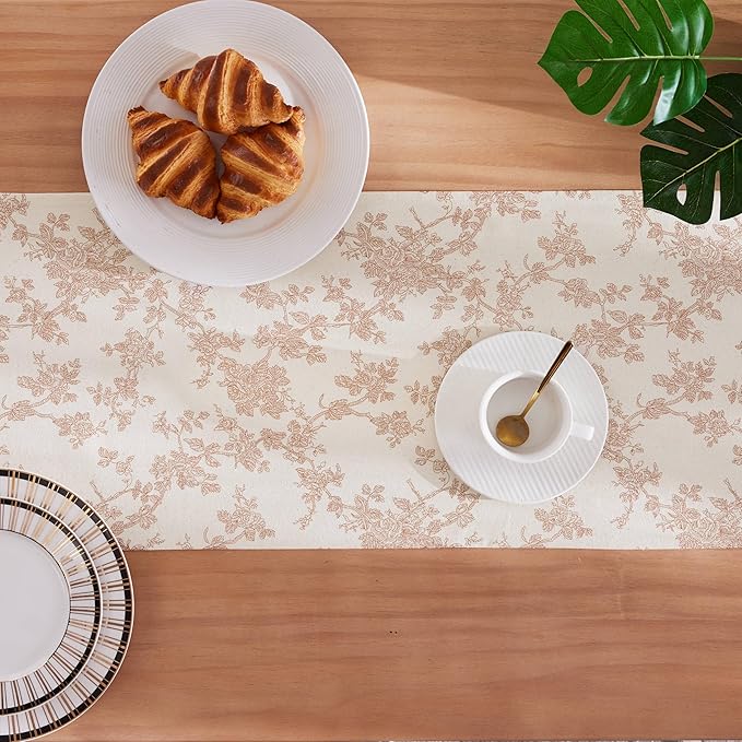 100% Cotton French Pastoral Table Runners, 13x90 Inch Taupe Farmhouse Table Runners 90 Inches Long, Vintage Flowers Print Home Decors