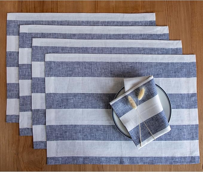 Solino Home Linen Cloth Placemats Set of 4 - Cabana Stripe 100% Pure Linen Navy and White Farmhouse Placemats 14 x 19 Inch for Christmas, Winter, New Year