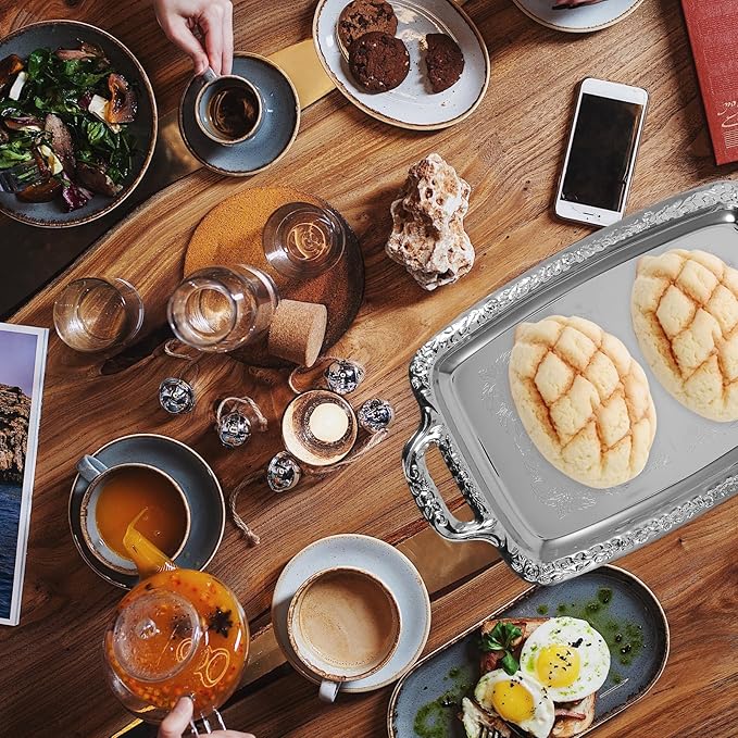 Cabilock Elegant Rectangular Silver Tray Mirrored Tray for Whiskey Decanter Candlesticks Vanity Perfume and Snack Bread Breakfast Fruit Serving Dish
