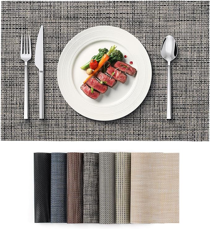 Placemats Set of 4, Heat Resistant Place Mats, Washable PVC Table Mats, Woven Vinyl Plastic Placemats for Dining Table, Non-Slip Stain Resistant Kitchen Table Placemats Easy to Clean?Ash-Gray?