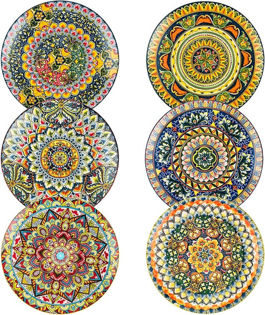 Henten Home Dinner Plates Set of 6, 10.5 Inch Porcelain Plate, Colorful Bohemian Serving Dishes for Kitchen, Pasta, Salad, Decorative, Microwave & Dishwasher Safe