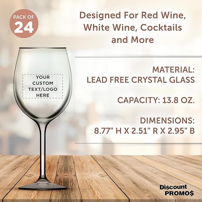 Custom Wine Glasses 14 oz. Set of 24, Personalized Bulk Pack - Restaurant Glassware, Perfect for Red Wine, White Wine, Cocktails and More - Clear