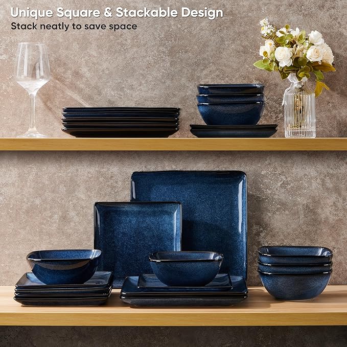 E-far Square plates and bowls Sets for 6, 18-Piece Reactive Glaze Stoneware Dinnerware Sets, Porcelain Dishware Sets for Kitchen Home, Microwave & Dishwasher Safe, Deep Sea Blue