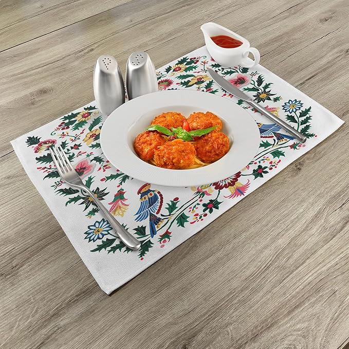 Ambesonne Christmas Place Mats Set of 4, Traditional Scandi Art of Xmas Berry Leaves Birds and Floral Colorful, Washable Fabric Placemats for Dining Table, Standard Size, Green White Multicolor