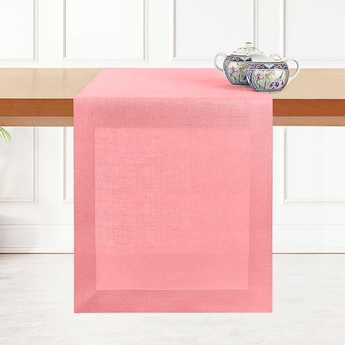 D'Moksha Homes Linen Dusty Pink Table Runner 120 Inches Long - 100% Pure Linen Dining Table Runner 14 x 120 Inch for Winter, Christmas, Holiday, New Year - Machine Washable
