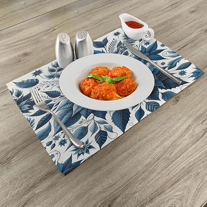 Ambesonne Christmas Place Mats Set of 8, Monochromatic Poinsettia Flowers Xmas Theme Illustration Print, Washable Fabric Placemats for Dining Table, Placemat 8 pcs, Night Blue and Dark Sky Blue