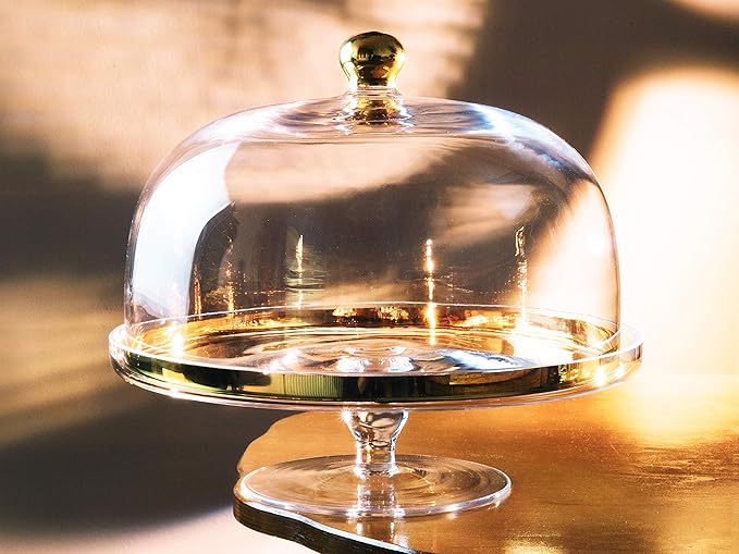 Barski Glass - Cake Stand - and - Dome - with - Gold Rim - and - Gold Knob - for - Cake - Fruit - Cheese - 11.75" Diameter - Made in Europe