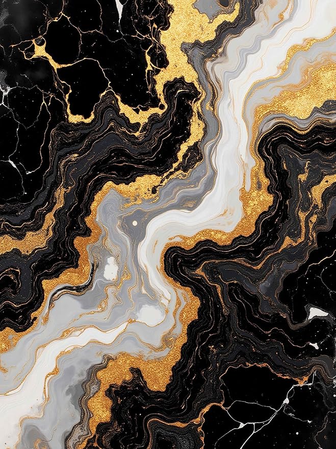 Marble Wavy Pattern Lux Art Aesthetic Deco Indoor Area Rug for Living Room Bedroom Dining Room Soft Easy Clean Non Skid Rugs 5x8 Under Table Modern Cozy Mats Nursery Black White Gold Abstract Carpet