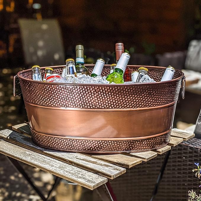 BREKX Aspen Galvanized Tub, Copper Finish Metal Ice and Drink Cooler for Parties, Sealed Leak Resistant Party Cooler, Easy to Clean, Handcrafted, Large Oval 25-Quart (6 Gallon), 30 Bottle Bucket