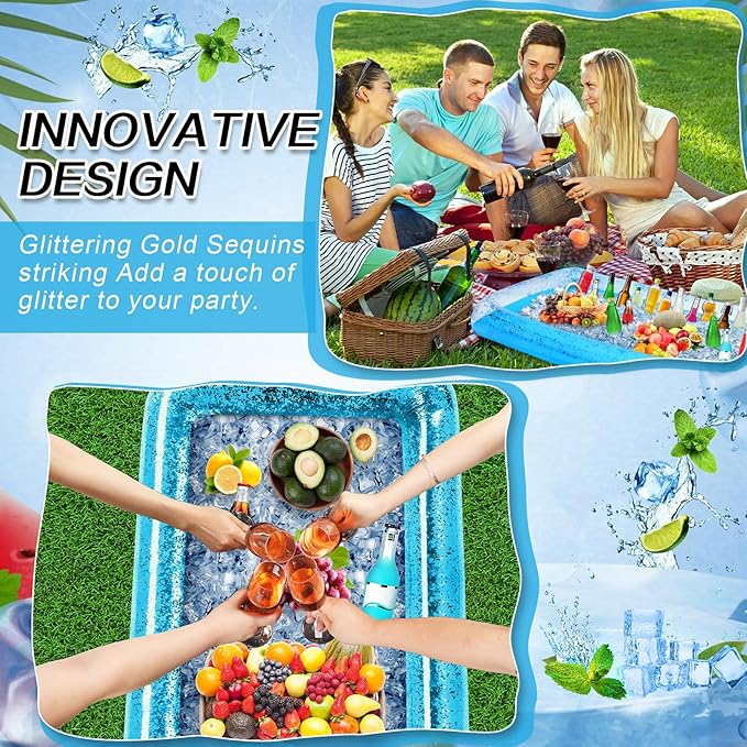 3 Pcs Inflatable Serving Bar Salad Ice Tray Food Drink Candy Buffet Containers Picnic Pool Inflatable Cooler with a Drain Plug and a Hand Pump, 53 x 23.6 x 4.7 Inch(Blue)