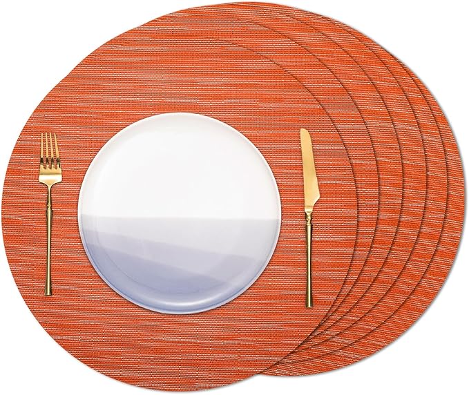 Round Placemats Set of 6 Heat Resistant Vinyl Placemats 15 inch Washable Non-Slip Table Mats Woven Place Mats for Dining Table (Orange, Set of 6)