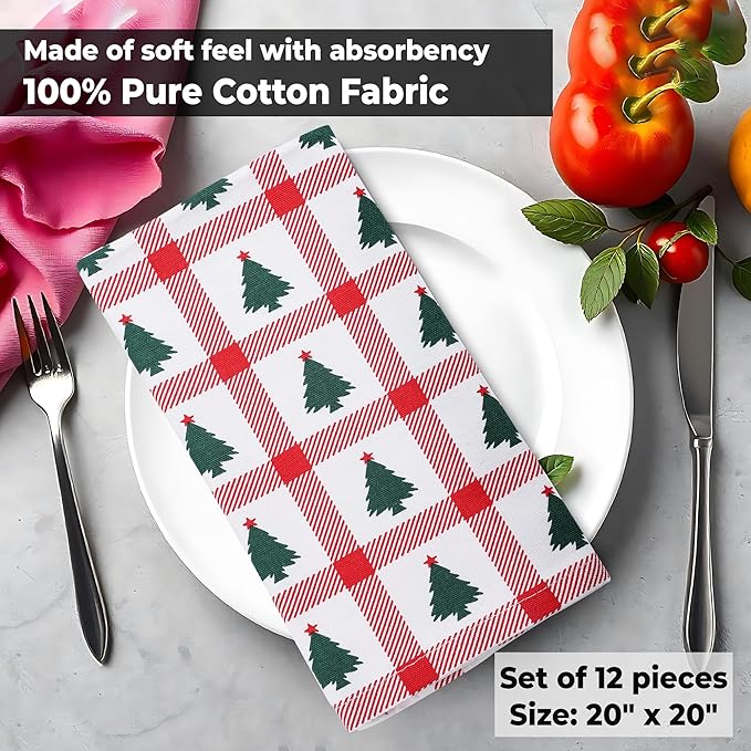 Urban Villa Cloth Napkins Set of 12 20x20 Inches 100% Cotton Napkins Cloth Washable Soft Durable Reusable Absorbent Table Dinner Napkins Cloth for Christmas Parties Hotel Lunch Restaurant – Tree Print