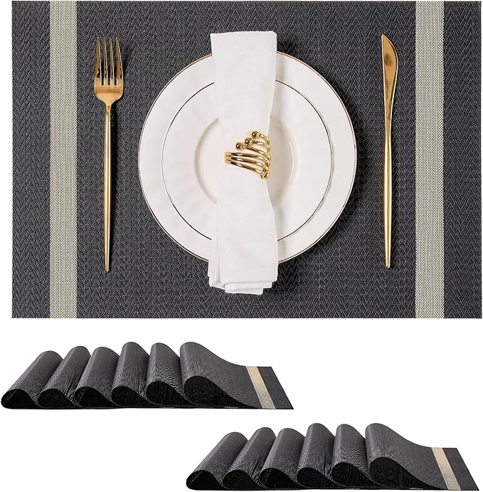Leetaltree Sparkling Black Vinyl Woven Placemats Set of 12 - Washable Dining Table Place Mats Striped, Suitable for Wedding, Anniversary, Daily Use