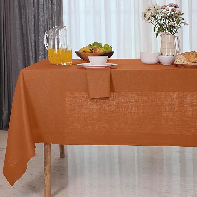 D'Moksha Homes Linen Rust Tablecloth 60 x 132 Inch - 100% Pure Linen Rectangular Tablecloth - Machine Washable Table Cloth for Winter, Christmas, Holiday, New Year
