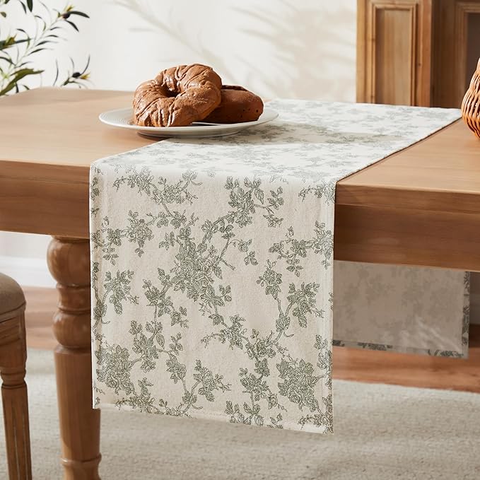 100% Cotton French Pastoral Table Runners, 13x108 Inch Green Farmhouse Table Runners 108 Inches Long, Vintage Flowers Print Home Decors