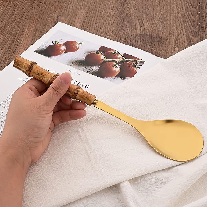 Serving Spoons Set of 2, 10.0" Stainless Steel Serving Spoons with Natural Bamboo Handle, Gold Large Serving Utensils of Spoons, Big Ladle for Buffet, Party, Banquet, Kitchen, Tablespoons Flatware