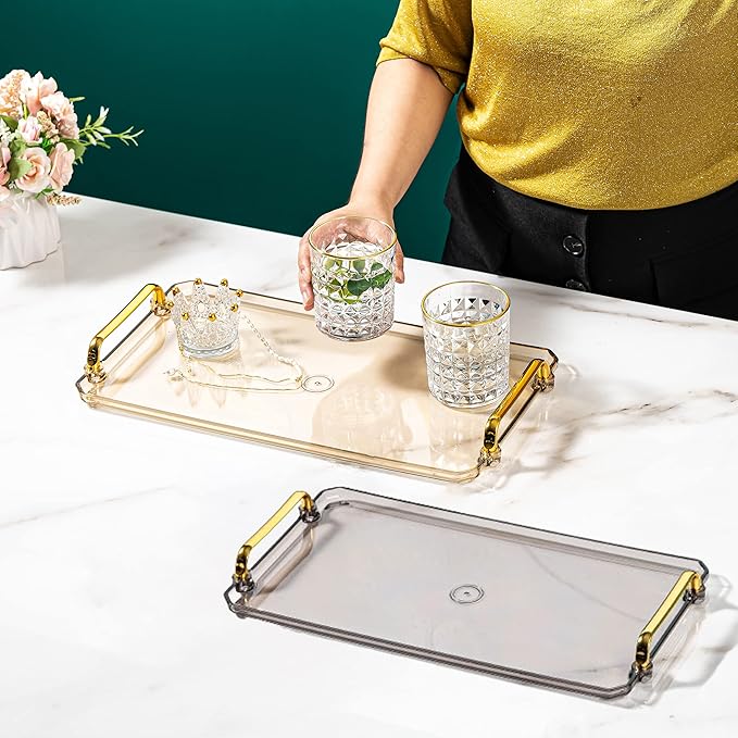 Acrylic Serving Tray with Handles Ottoman Countertop Decorative Spill-Proof Tray for Coffee Table Living Room Bedroom16 x 9 x 0.8 inches (Gray)