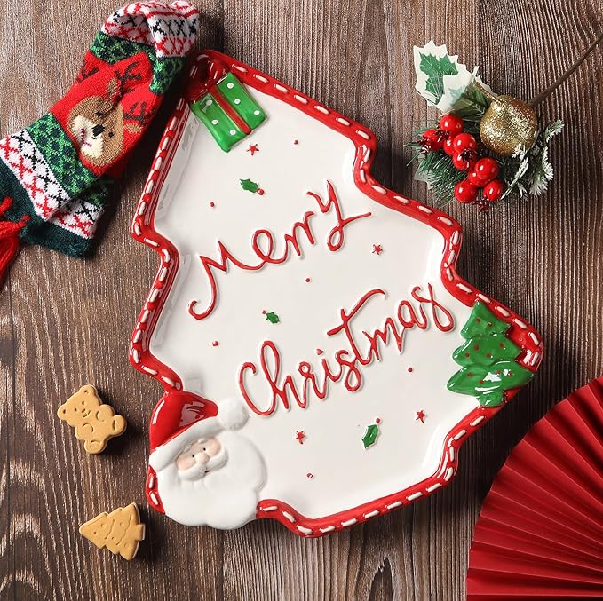 10.3 Inches Snacks Appetizer Trays Set, Christmas Tree Dessert Serving Dishes, Snack Platter, Food Cereal Salad Bowl, Santa Claus High Relief Bowl Ceramic Plate
