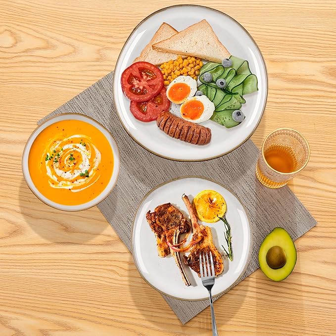 Herogo Stoneware Dinnerware Sets, 12 Piece Dinner Dishes Set for 4, Ceramic Plates and Bowls Dishware, Tableware Includes Dinner Salad Plates, Soup Bowls, Microwave & Dishwasher Safe, Pearl White