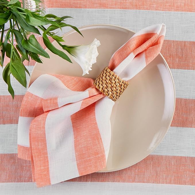 Solino Home Linen Cloth Napkins Set of 4-100% Pure Linen Salmon and White Striped Dinner Napkins 20 x 20 Inch - Cabana Stripe, Handcrafted and Machine Washable