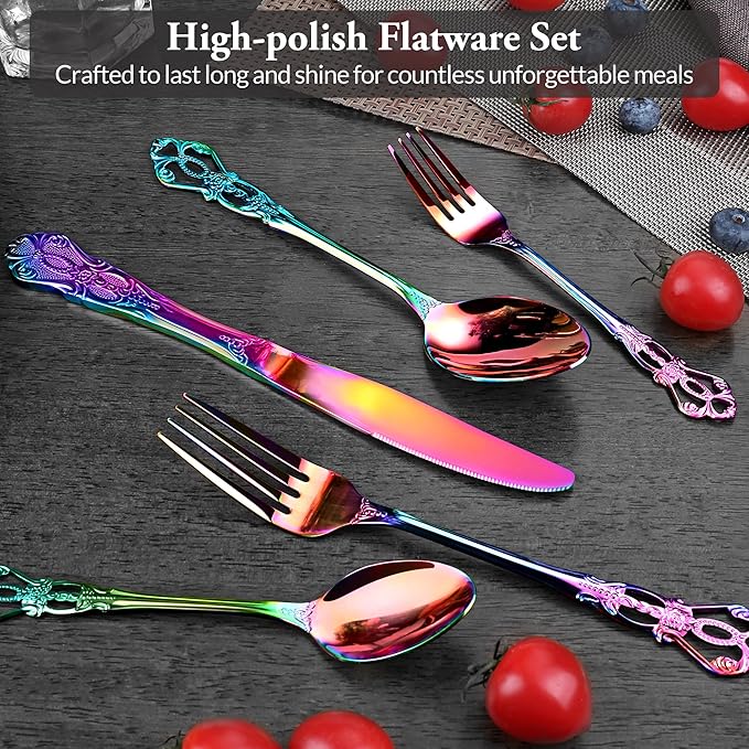 Silverware Set, 30 Pieces Retro Royal Silverware Set for 6, Baroque-style Stainless Steel Flatware Set Including Fork Spoon and Knife, Dishwasher Safe, Rainbow