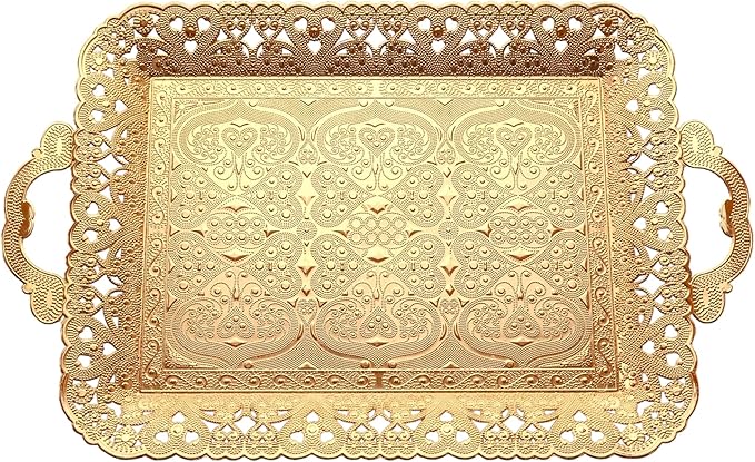 Turkish Vintage Style Entertaining Tray - |15.4” x 10.2”Multi-Purpose, Non-Tarnishing, Zamak Alloy, Decorative Ottoman Style - Rectangular Serving Tray for Coffee & Beverages (Gold)