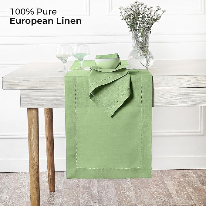 D'Moksha Homes Linen Sage Green Table Runner 108 Inches Long - 100% Pure Linen 14 x 108 Inch Table Runner for Winter, Christmas, Holiday, New Year - Classic Hemstitch