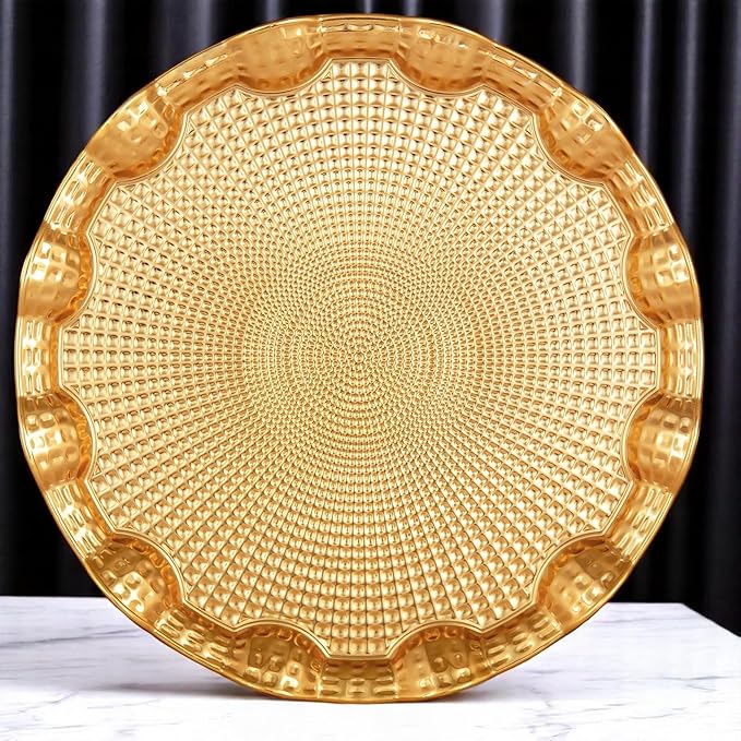 Alisveristime Round Metal Serving Tray for 6 – Ottoman Motif, (13.8" Diameter, 17.5 oz) (Gold)