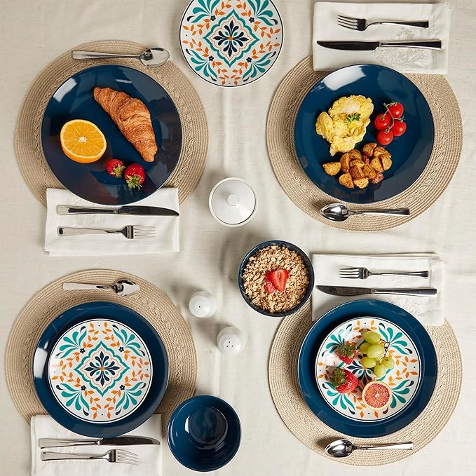 Tabletops Gallery 12-Piece Isabella Patterned Ceramic Dinnerware Set of Kitchen Dishes, Dinner Plates, Cereal Bowls, Service for 4, Blue