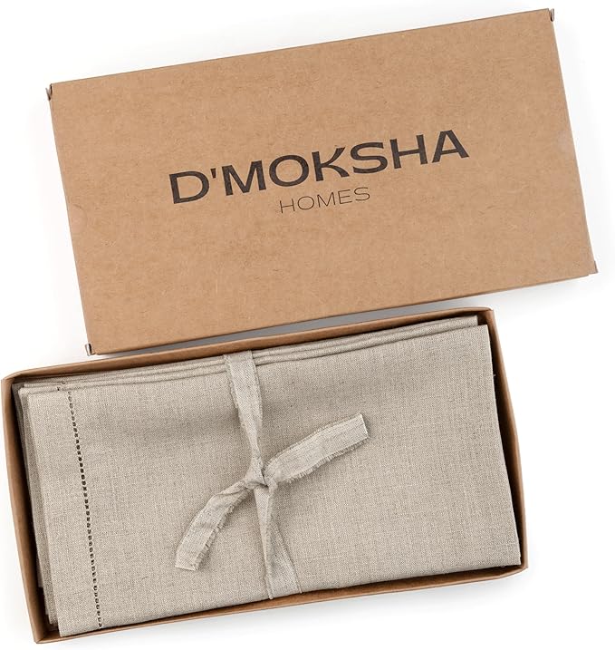 D'Moksha Homes Natural Linen Napkins Set of 8 - Classic Hemstitch 100% Pure Linen Hemstitch Dinner Napkins 20 x 20 Inch for Winter, Christmas, Holiday, New Year - Handcrafted and Machine Washable