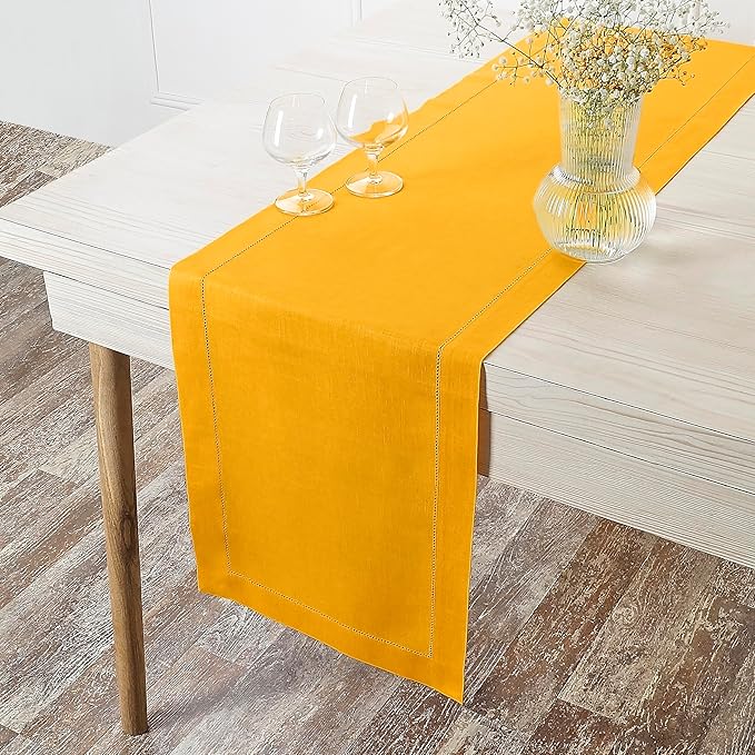 D'Moksha Homes Linen Sunflower Yellow Table Runner 120 Inches Long - 100% Pure Linen Hemstitch 14 x 120 Inch Table Runner for Dining, Winter, Christmas, Holiday, New Year - Classic Hemstitch