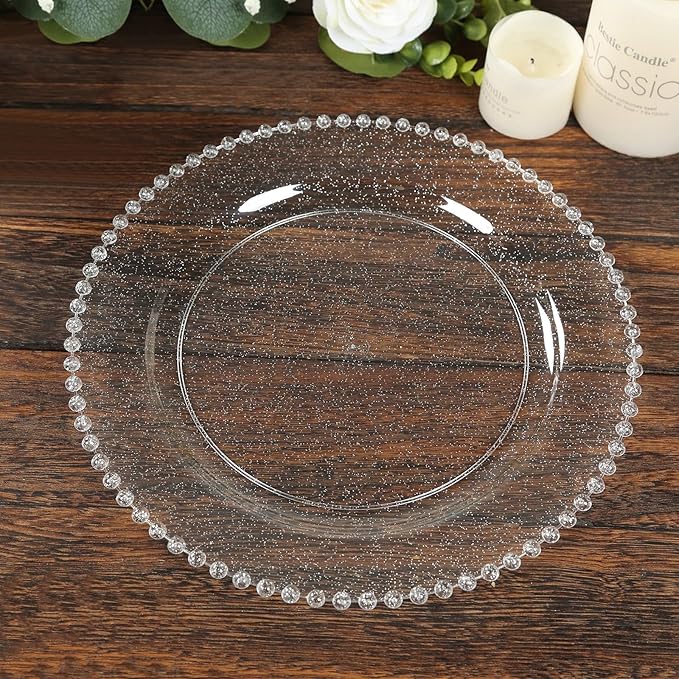Efavormart 10-Pack Plastic Round Dinner Plates 10" Clear Silver Glittered with Beaded Rim - Disposable Party Plates