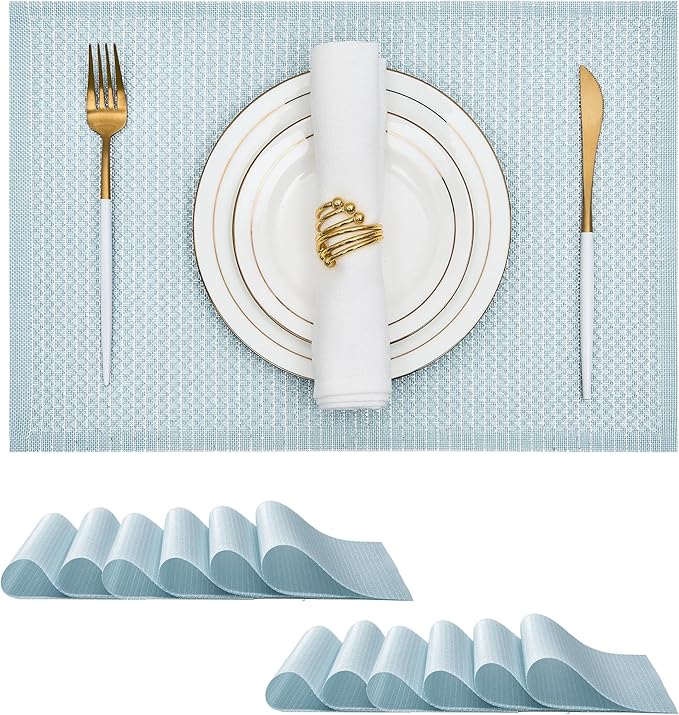 Leetaltree Sparkling Mist Blue Sequin Woven Vinyl Placemats, Set of 12 - Waterproof & Washable Dining Table Mats for Wedding, Anniversary, Daily Use, Hand-Cut