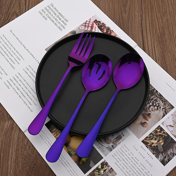 7 Pcs Purple Serving Utensils, Stainless Steel Flatware Serving Set, Include Cake Server/Slotted Spoon/Serving Spoon and Fork/Soup Ladle, Serveware Set for Buffet and Party